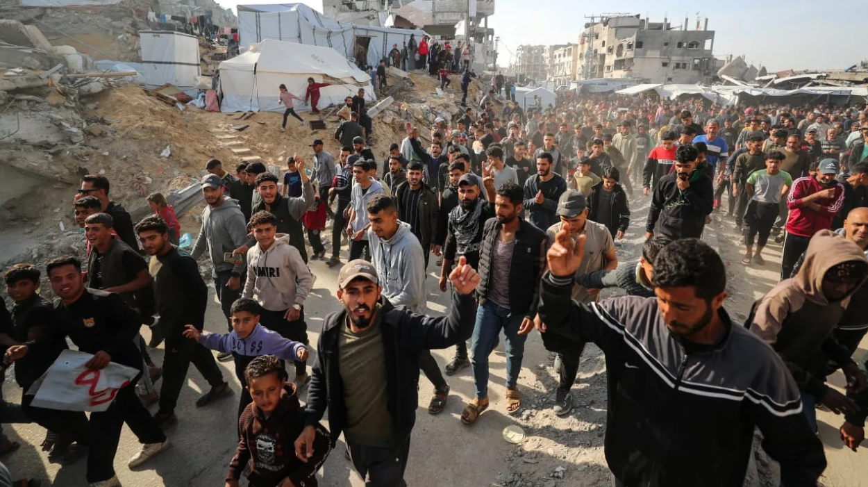 [ILLUSTRATIVE]Palestinians protest to demand an end to war, chanting anti-Hamas slogans, in Beit Lahiya in the northern Gaza Strip March 26, 2025. (photo credit: REUTERS/STRINGER)