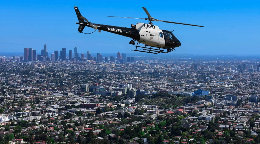 An LAPD helicopter over Los Angeles. Photo by Biker x days/Shutterstock.
