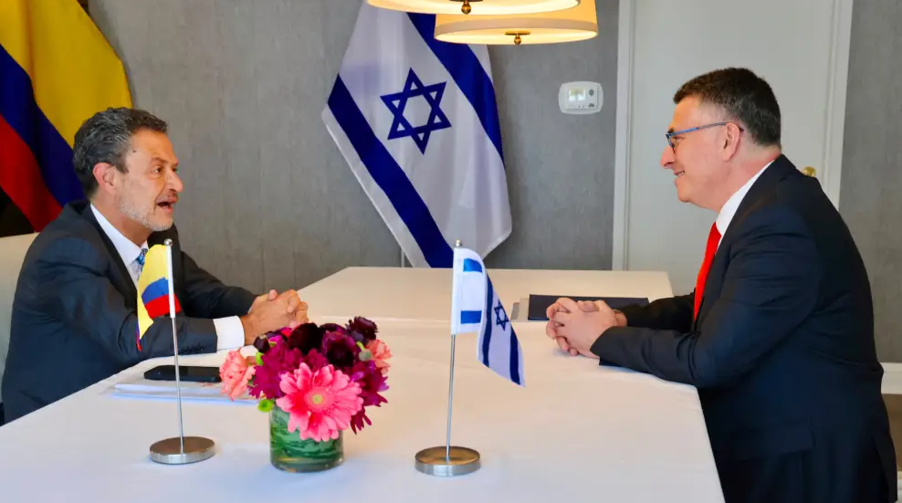 Colombia’s incoming foreign minister Omar Bola Escobar meets with Israeli Foreign Minister Gideon Sa’ar in Washington on July 14, 2026. Credit: Shmulik Almany/Israeli Foreign Ministry.