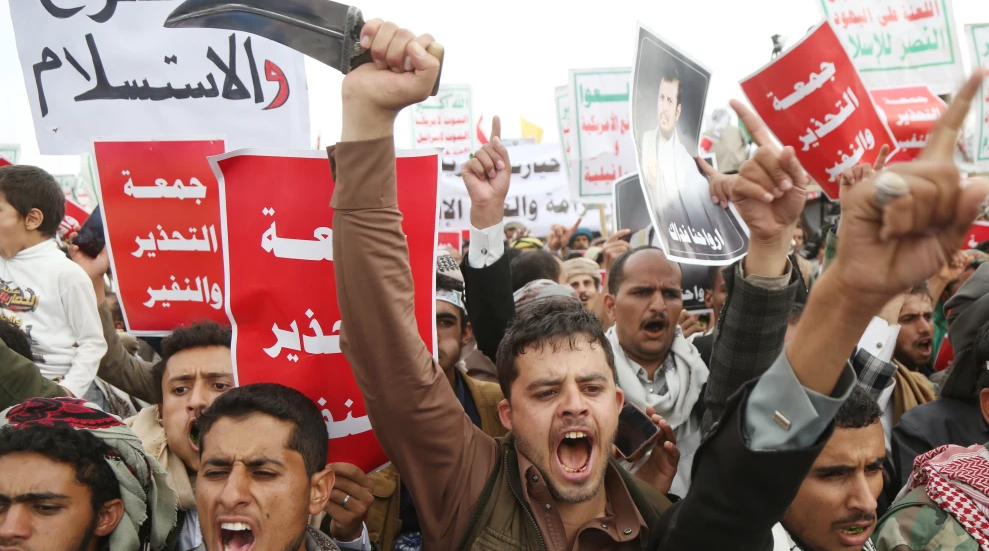 Houthi supporters take part in a demonstration in the terrorist-held capital of Sana’a, July 17, 2026. Photo by Mohammed Hamoud/Getty Images.
