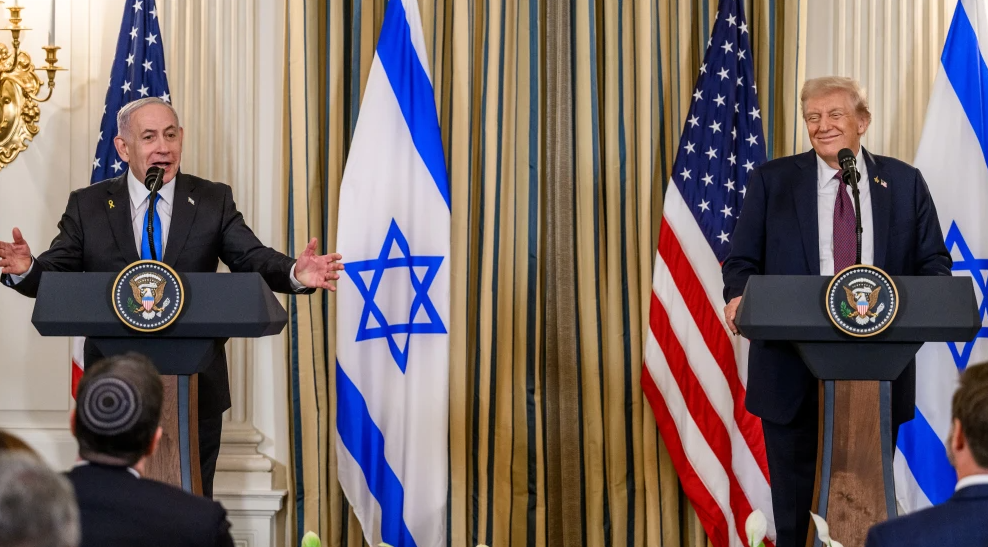 U.S. President Donald Trump and Israeli Prime Minister Benjamin Netanyahu hold a joint press conference announcing the U.S. peace plan for Gaza, in the State Dining Room of the White House, Sept. 29, 2025. Credit: Joyce N. Boghosian/White House.