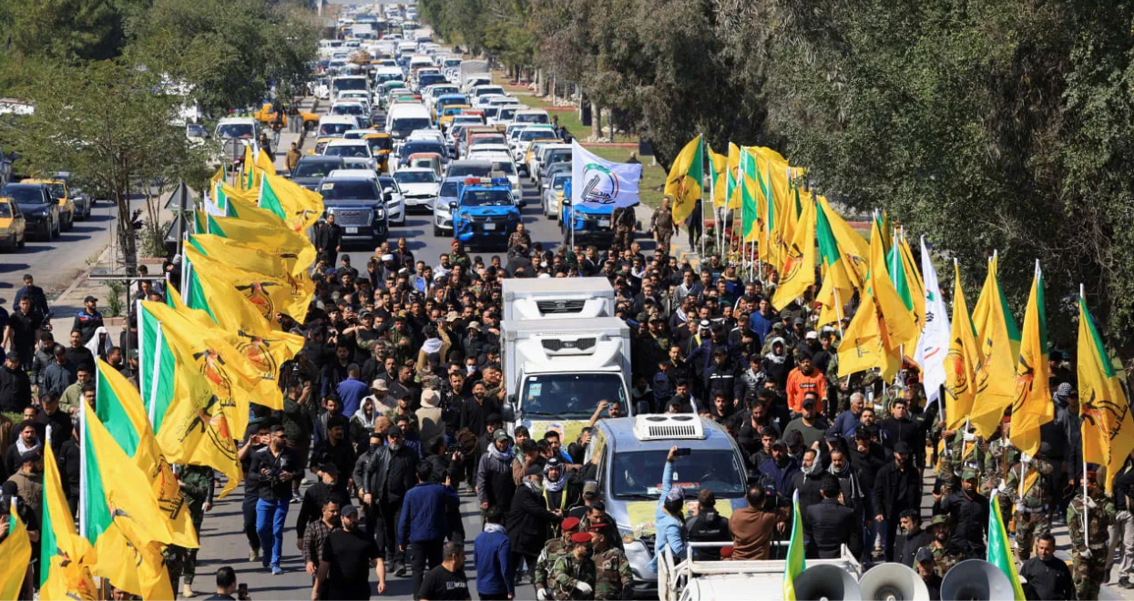 Mourners march in the funeral of a Kataib Hezbollah terrorist after a US airstrike on a Popular Mobilization Forces headquarters near the Iraq-Syria border, pictured in Baghdad, March 2, 2026. (photo credit: REUTERS/Thaier Al-Suda TPX IMAGES OF THE DAY)
