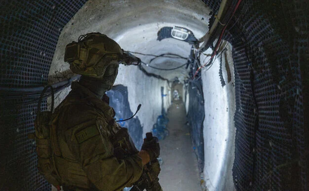 An IDF soldier is seen in a Hezbollah tunnel near the Beaufort Castle in southern Lebanon, July 7, 2026. (Emanuel Fabian/Times of Israel)