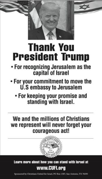 CUFI Thanks Pres. Trump for Jerusalem Policy, Places Full Page Ad in The Washington Post