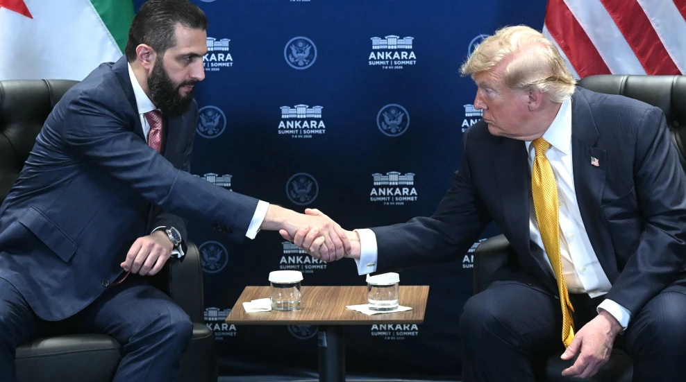 Syrian President Ahmed al-Sharaa (L) and U.S. President Donald Trump meet on the sidelines of the NATO Summit at Bestepe Presidential Compound in Ankara, on July 8, 2026. Photo by Saul Loeb/AFP via Getty Images.
