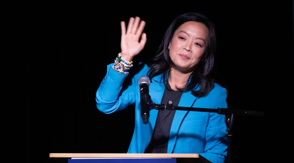 Wisconsin Democratic gubernatorial candidate Francesca Hong speaks to supporters during an election-night party on Aug. 11, 2026 in Madison, Wis. Credit: Scott Olson/Getty Images