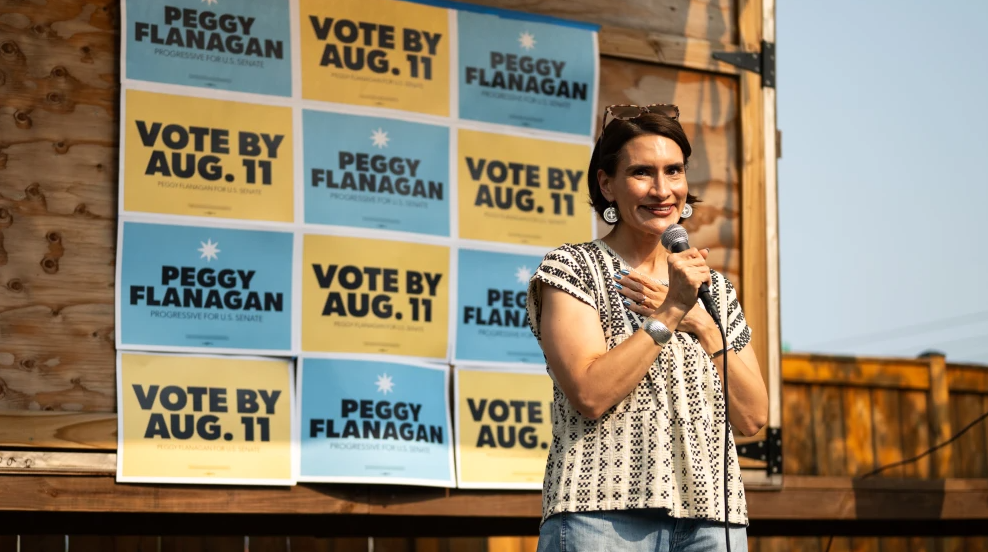 Democratic candidate for U.S. Senate, Minnesota Lt. Gov. Peggy Flanagan, speaks during a volunteer appreciation event at Black Heart of Saint Paul in St. Paul, Minnesota on August 8, 2026. Photo by Stephen Maturen/Getty Images.