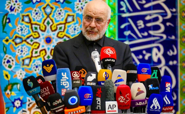 Iran’s Parliament Speaker Mohammad Bagher Ghalibaf gives a press conference at an event marking 40 days since the burial of the late Iranian supreme leader Ayatollah Ali Khamenei, at Imam Hassan al-Mujtaba Mosque in Iraq’s central holy shrine city of Karbala on August 20, 2026. (Karar Jabbar/AFP)