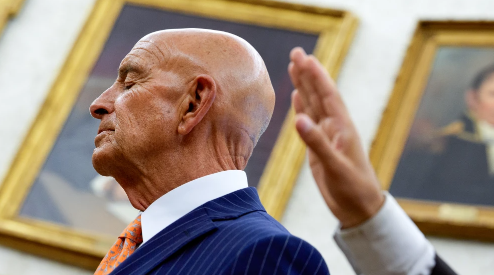 U.S. Ambassador to Turkey Thomas Barrack attends a meeting with President Donald Trump and Prime Minister of Iraq Ali al-Zaidi in the Oval Office of the White House on July 14, 2026. Photo by Andrew Harnik/Getty Images.