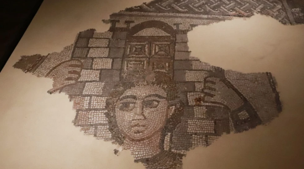 A Talmudic period mosaic depicting the Israelite judge Samson on display at Beit Yigal Allon in Kibbutz Ginosar on Aug. 23, 2026. Photo by Eitan Elhadez-Barak/TPS-IL.
