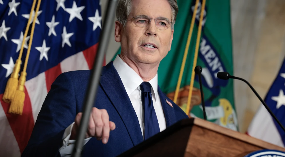 U.S. Treasury Secretary Scott Bessent announces a new set of sanctions against Iran, describing them as “an economic D-Day”, in the Cash Room at the Treasury Department in Washington, D.C., on August 24, 2026. Photo by Chip Somodevilla/Getty Images.