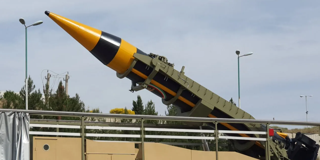 A new surface-to-surface ballistic missile called Khaibar with a range of 2,000 km, unveiled by Iran, is seen in Tehran, Iran, May 25, 2023 (photo credit: WANA (WEST ASIA NEWS AGENCY) VIA REUTERS)