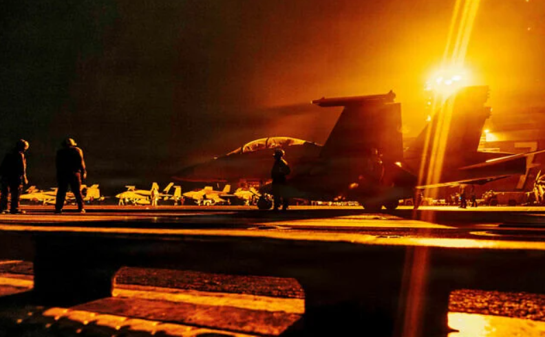 In this US Navy handout photo, an F/A-18 Super Hornet assigned to Strike Fighter Squadron (VFA) 195, readies for takeoff on the flight deck of Nimitz-class aircraft carrier USS George Washington (CVN 73) on August 29, 2026. (US NAVY/AFP)