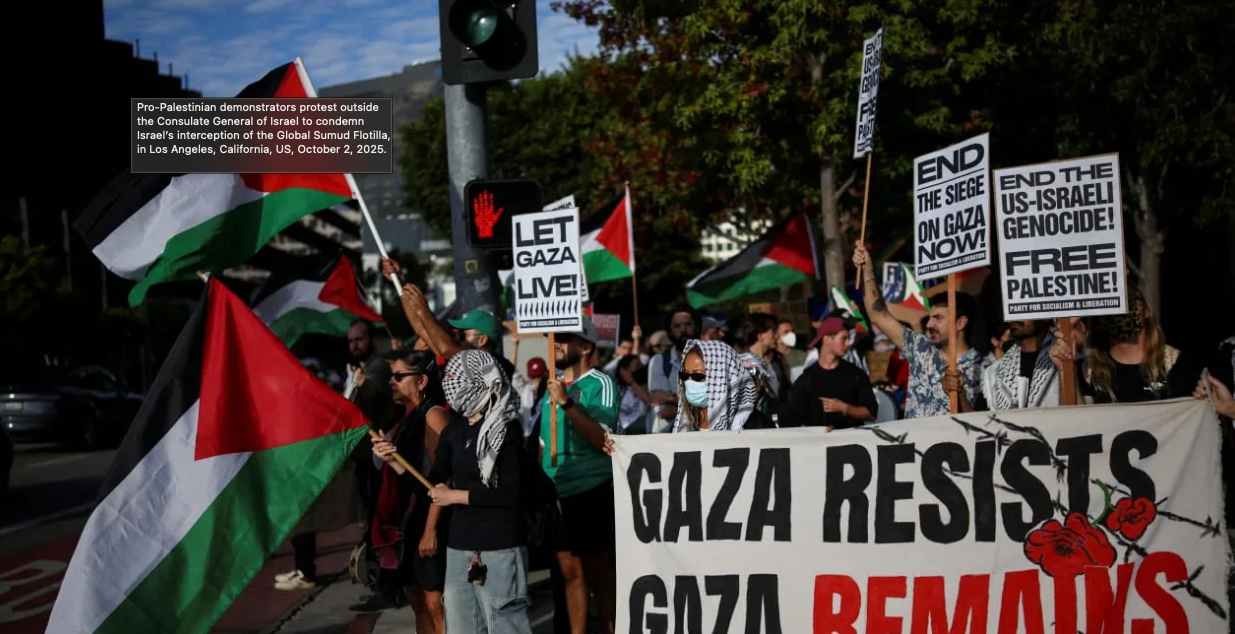 Pro-Palestinian demonstrators protest outside the Consulate General of Israel to condemn Israel’s interception of the Global Sumud Flotilla, in Los Angeles, California, US, October 2, 2025. (photo credit: REUTERS/Daniel Cole)