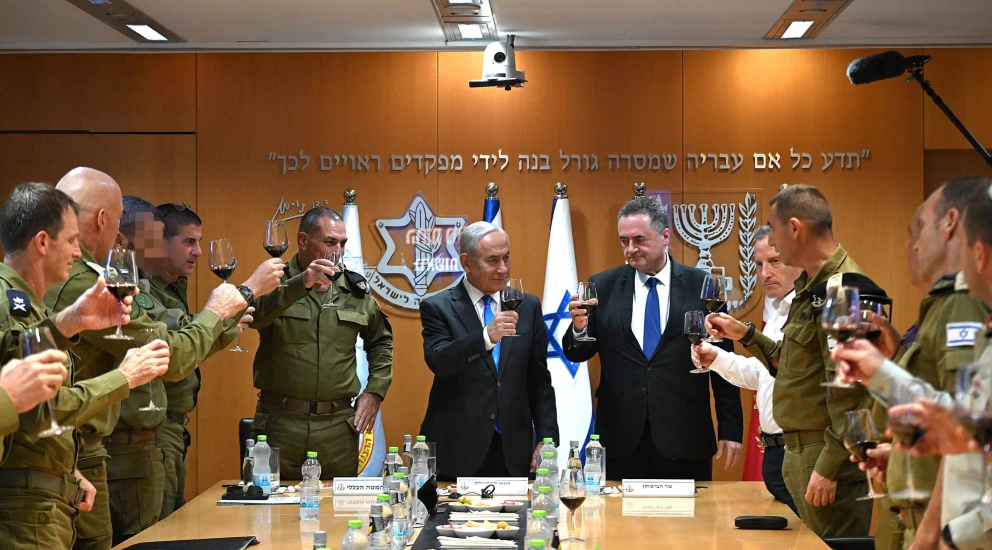 Prime Minister Benjamin Netanyahu, flanked by IDF Chief of Staff Lt. Gen. Eyal Zamir and Defense Minister Israel Katz, speaks at a Rosh Hashanah toast with the IDF General Staff Forum at the Kirya defense headquarters in Tel Aviv, Sept. 3, 2026. Photo by Haim Zach/GPO.