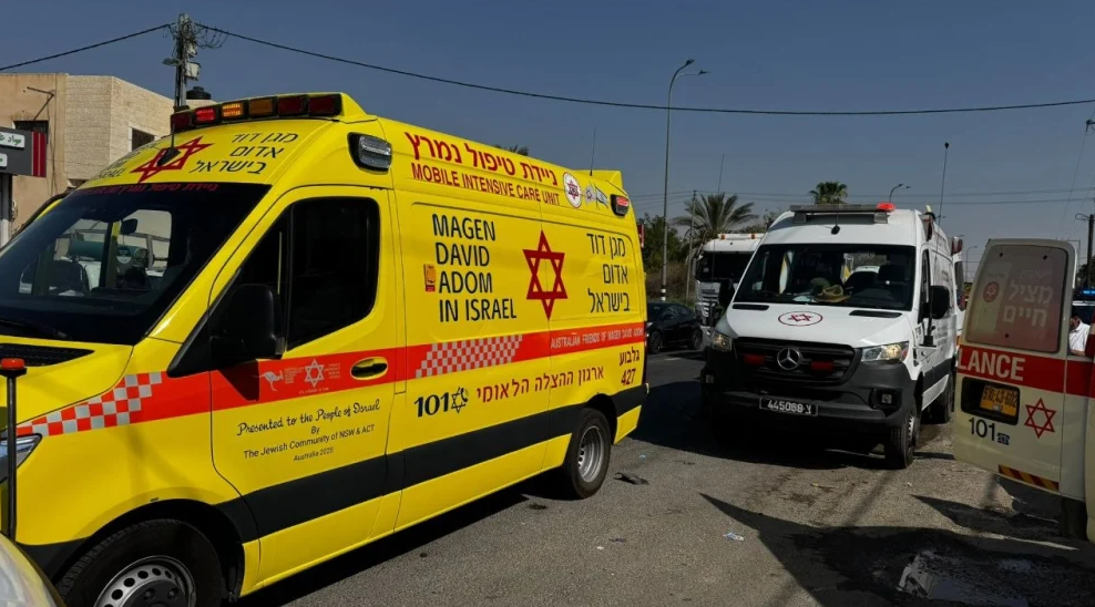 Magen David Adom emergency vehicles arrive at the scene of a stabbing attack near the village of al-Auja in the Jordan Valley, Aug. 23, 2026. Credit: Magen David Adom.