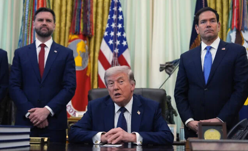 US President Donald Trump speaks as Secretary of State Marco Rubio, right, and Vice President JD Vance listen in the Oval Office at the White House, April 23, 2026, in Washington. (AP/Mark Schiefelbein)