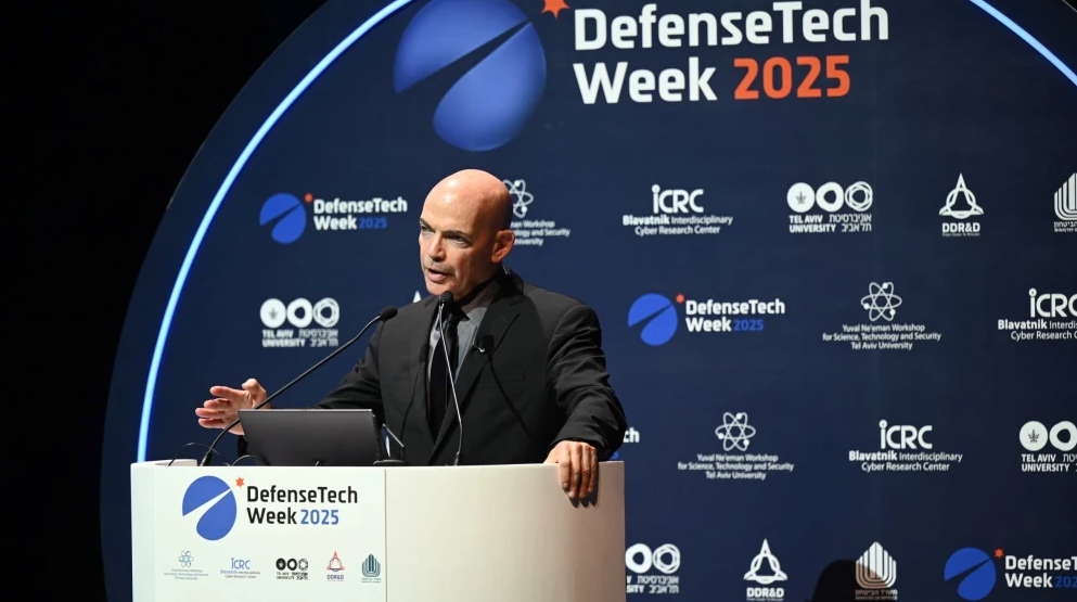 Brig. Gen. (res.) Daniel Gold, head of the Directorate of Defense Research and Development at the Israeli Defense Ministry, speaks at the International DefenseTech Summit at Tel Aviv University on Dec. 1, 2025. Credit: Israel Ministry of Defense.