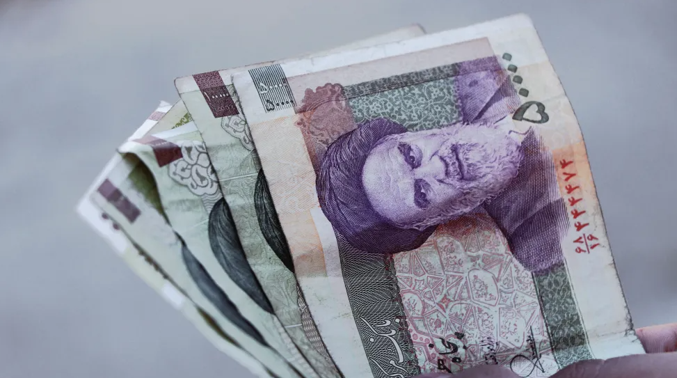 A person holding Iranian rial banknotes. Credit: Amir Ghoorchiani/Pexels.