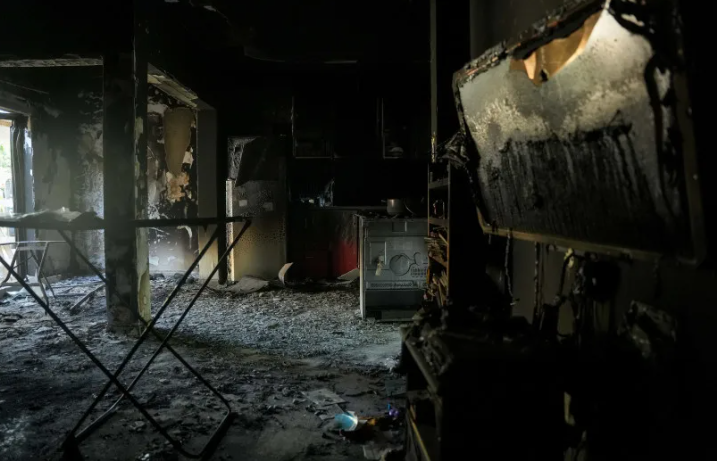The aftermath of Hamas's terror attack on Kibbutz Holit during the October 7 massacre, pictured October 26, 2023. (credit: ERIK MARMOR/FLASH90)