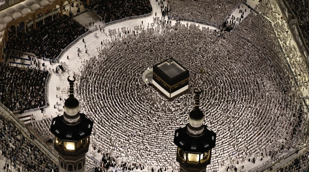 Aerial view of the Grand Mosque complex in Mecca, as Muslims perform the evening prayer around the Kaaba, Islam’s holiest shrine, on May 24, 2026, ahead of the annual Hajj pilgrimage. Photo by Zain Jaafar/AFP via Getty Images.