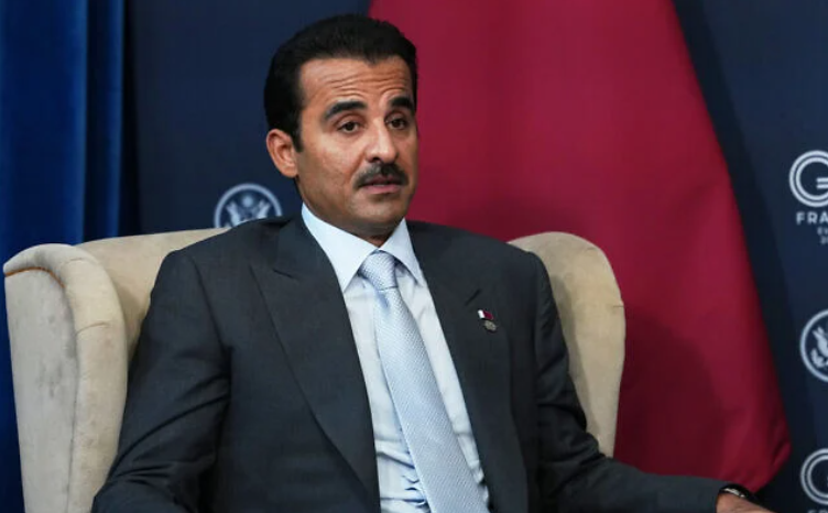 Qatar’s Emir Sheikh Tamim bin Hamad Al Thani meets with US President Donald Trump, not seen, during a bilateral meeting on the sidelines of the G7 summit, June 16, 2026, in Evian-les-Bains, France. (AP Photo/Julia Demaree Nikhinson)