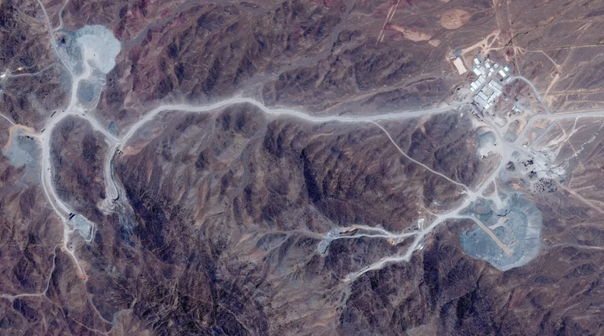 A satellite view shows tunnel entrances at Pickaxe Mountain, of the Natanz nuclear facility, near Natanz, Iran, June 30, 2026. (photo credit: VANTOR/HANDOUT VIA REUTERS)