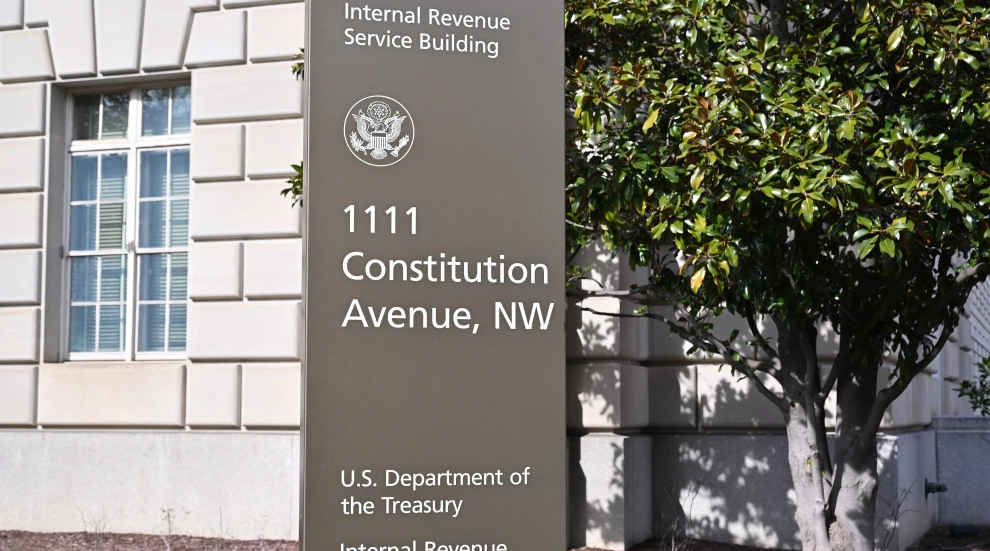 A sign at 1111 Constitution Avenue NW in Washington, D.C., in front of the U.S. Department of the Treasury and the Internal Revenue Service, Feb. 7, 2025. Credit: G. Edward Johnson/Creative Commons via Wikimedia Commons.