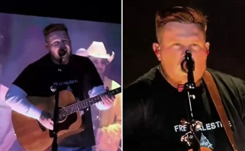 Screen capture from video of country singer Zach Bryan wearing a 'Free Palestine' shirt as he performs at the Gillette Stadium outside Boston, October 2, 2026. (X: used in accordance with Clause 27a of the Copyright Law)