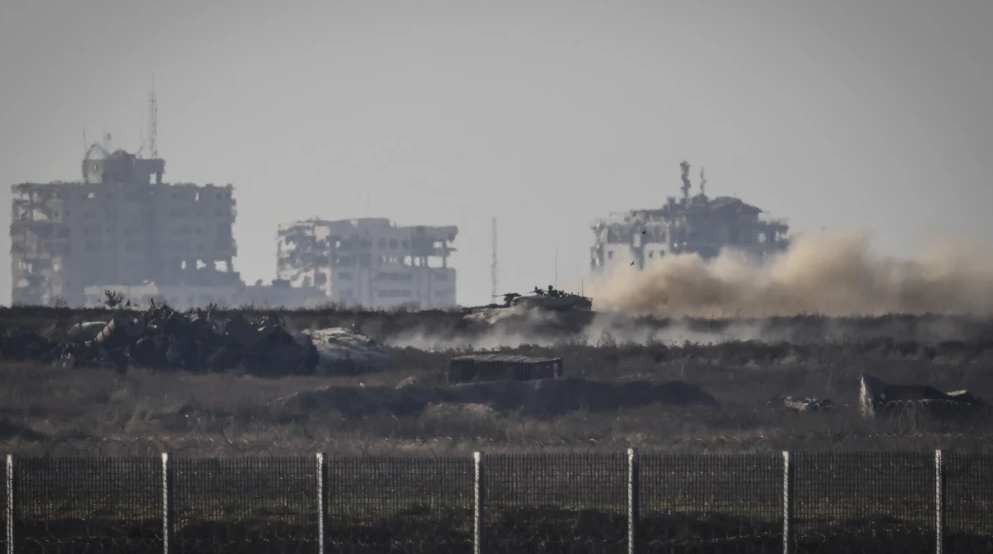 An Israeli tank patrols inside the Gaza Strip, as seen from the Israeli side of the border, on June 21, 2026. Photo by Tsafrir Abayov/Flash90.