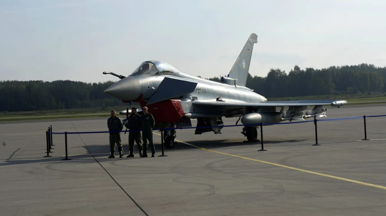 German Air Force Eurofighter Typhoon fighter jet is displayed during a NATO media tour in Lielvarde military air base, near Lielvarde, Latvia October 1, 2026. (photo credit: REUTERS/INTS KALNINS)