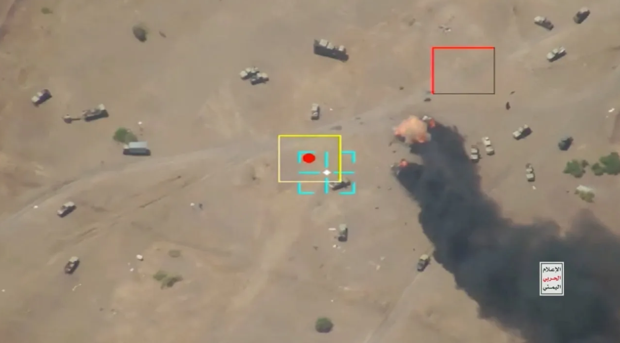 Houthi military release drone footage of drone strikes on vehicles and troops on the south coast highway, near Al Bahiya, Lahij Governorate, Yemen in this screengrab obtained from a handout video released on October 5, 2026. (photo credit: HOUTHI MILITARY MEDIA/via REUTERS)