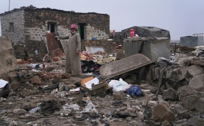 A man inspects the aftermath of a Jordanian airstrike in Al-Tuff, in the countryside of Daraa province in southern Syria, October 27, 2026. (AP Photo/Ghaith Alsayed)