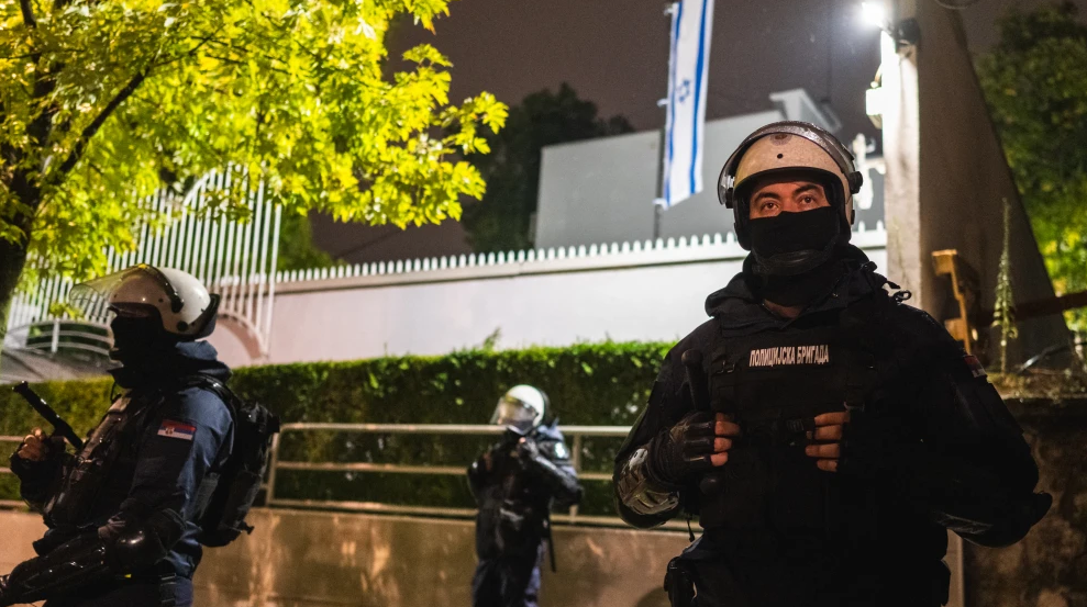 Police units stand guard in front of the Israeli embassy in Belgrade, Serbia on Oct. 5, 2025. Photo by Andrej Isakovic/AFP via Getty Images.