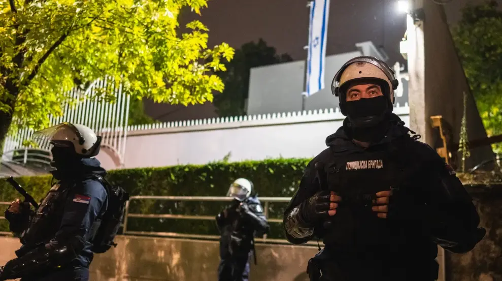 Police units stand guard in front of the Israeli embassy in Belgrade, Serbia on Oct. 5, 2025. Photo by Andrej Isakovic/AFP via Getty Images.